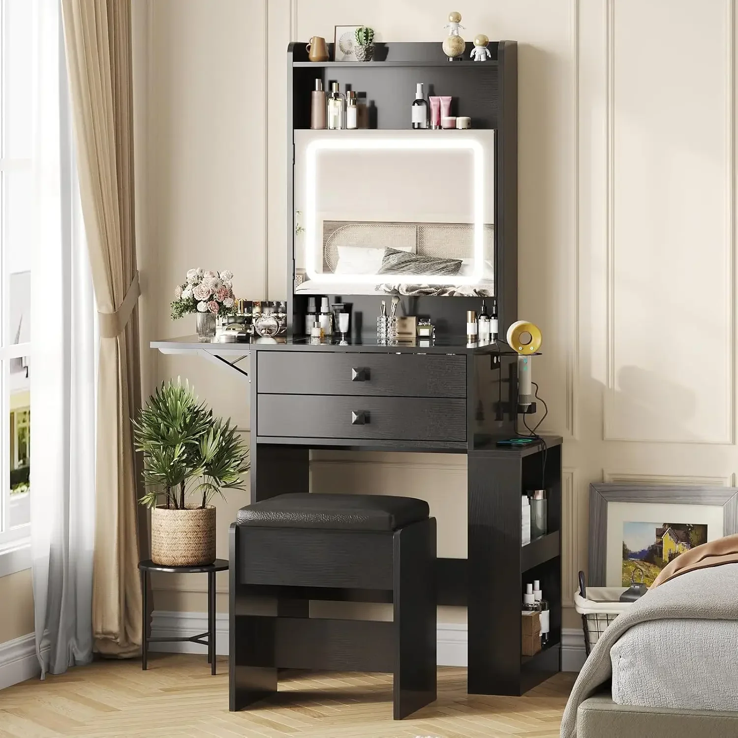 Desk Setup Charging Station - Petit bureau de maquillage, miroir éclairé