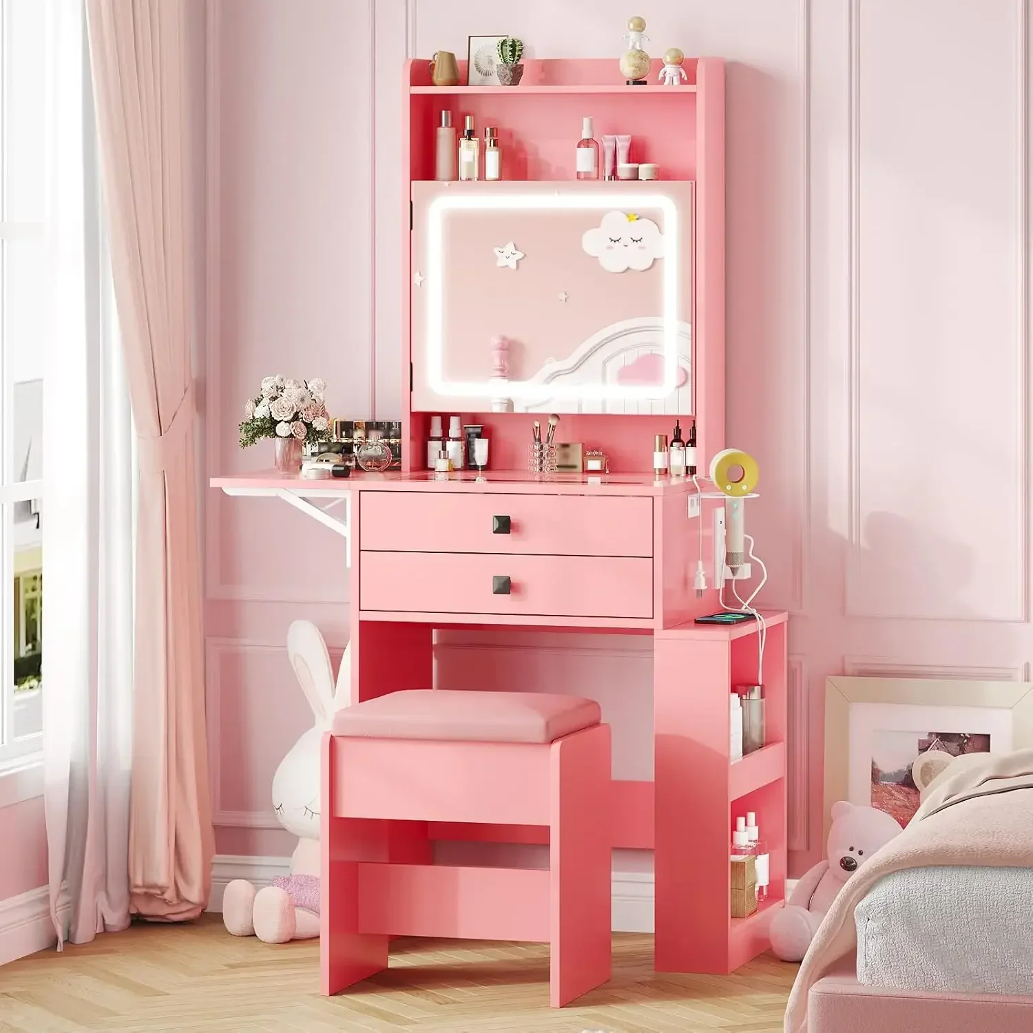 Desk Setup Charging Station - Petit bureau de maquillage, 3 miroirs